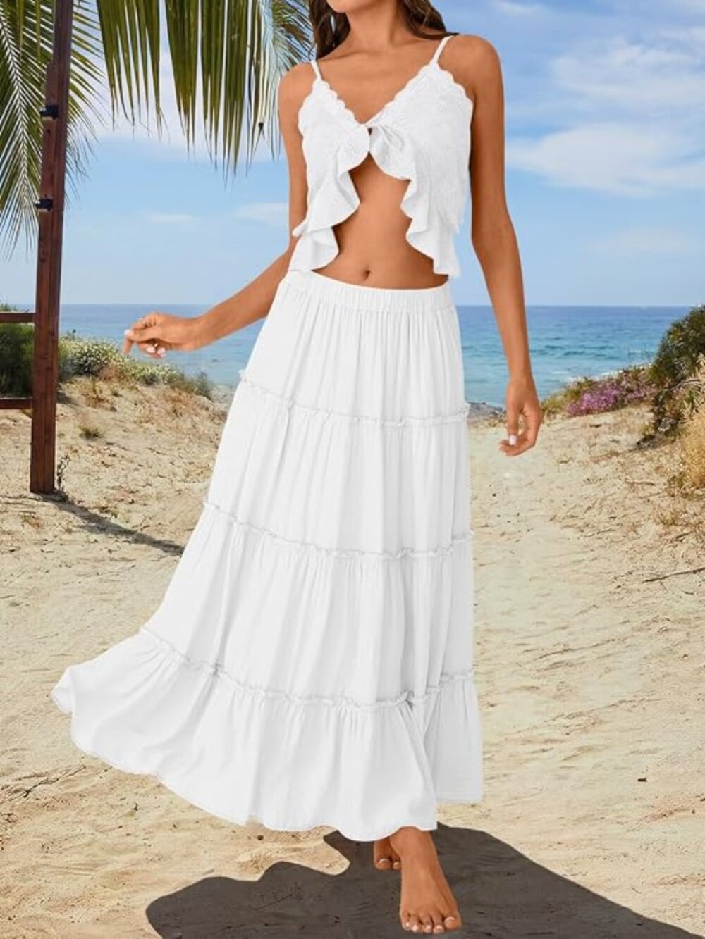 Trendy Queen White Boho Maxi Skirt with Pockets | Flowy Beach Vacation Summer St - Picture 5 of 6